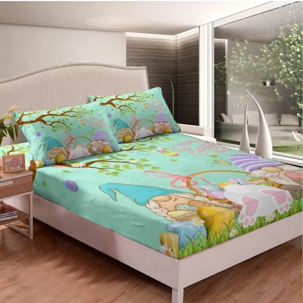 Easter Gnome Bedding Set - Blue and Green Twin Set Easter Day Bed Sheets